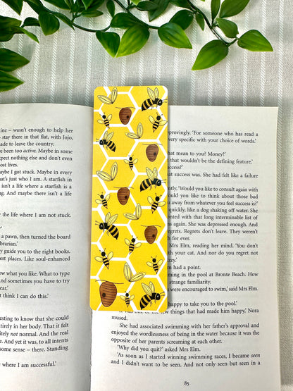bumble bee, bee yourself traditional bookmark curved edge, bright yellow on book