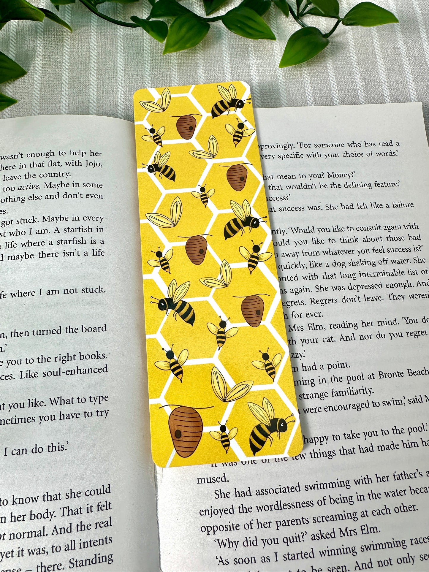 bumble bee, bee yourself traditional bookmark curved edge, bright yellow close up on book