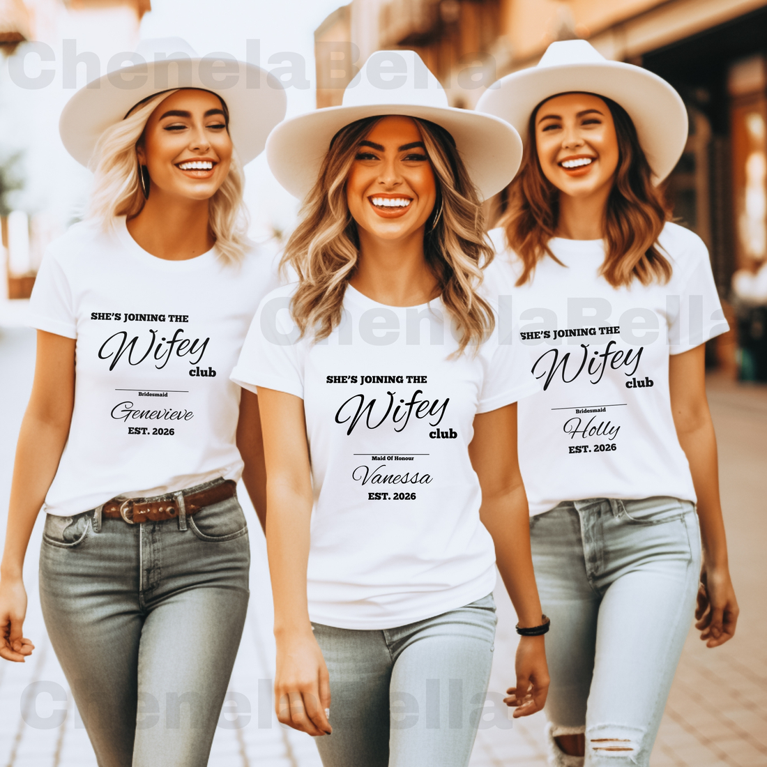 3 women walking together wearing matching t-shirts for a bachelorette party