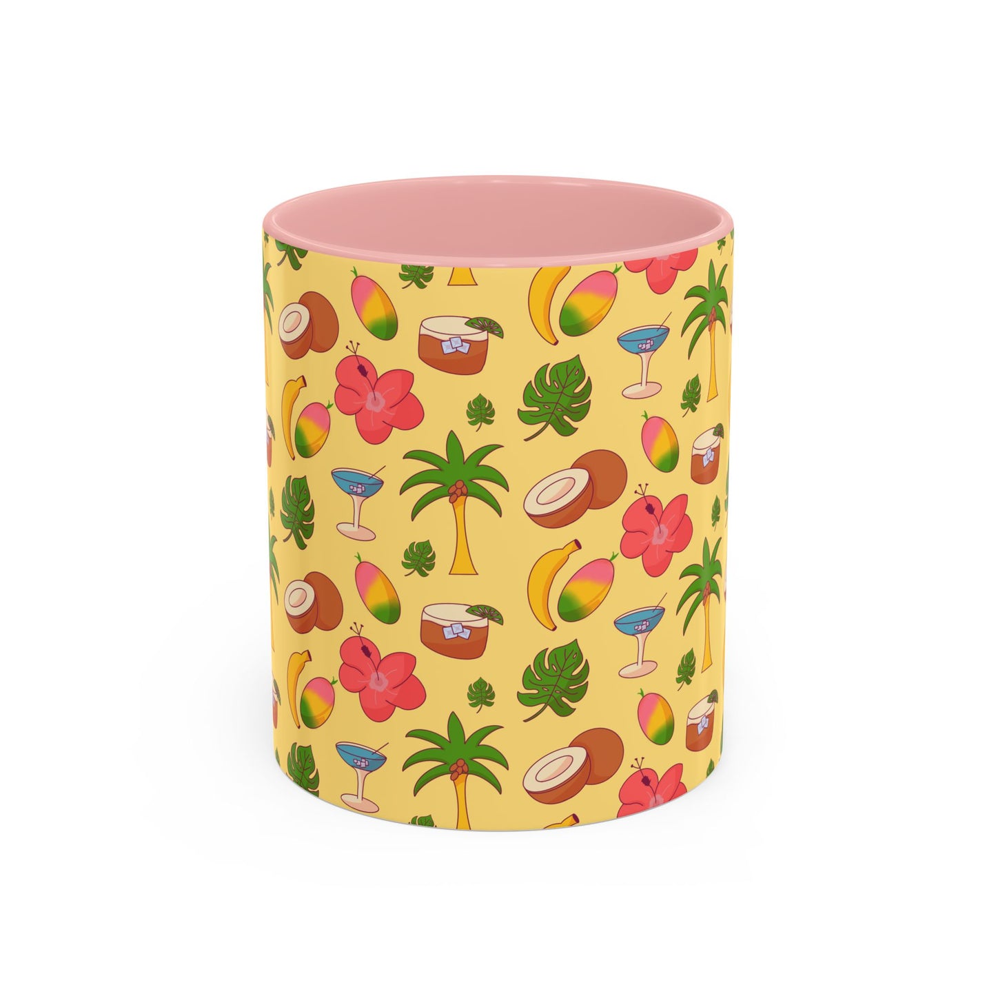 Tropical Pattern Coffee Mug — Pink Accent Beach Fruit & Palm Design (11oz)