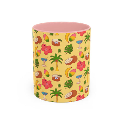 Tropical Pattern Coffee Mug — Pink Accent Beach Fruit & Palm Design (11oz)