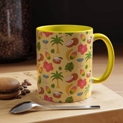 Tropical Pattern Coffee Mug — Pink Accent Beach Fruit & Palm Design (11oz)