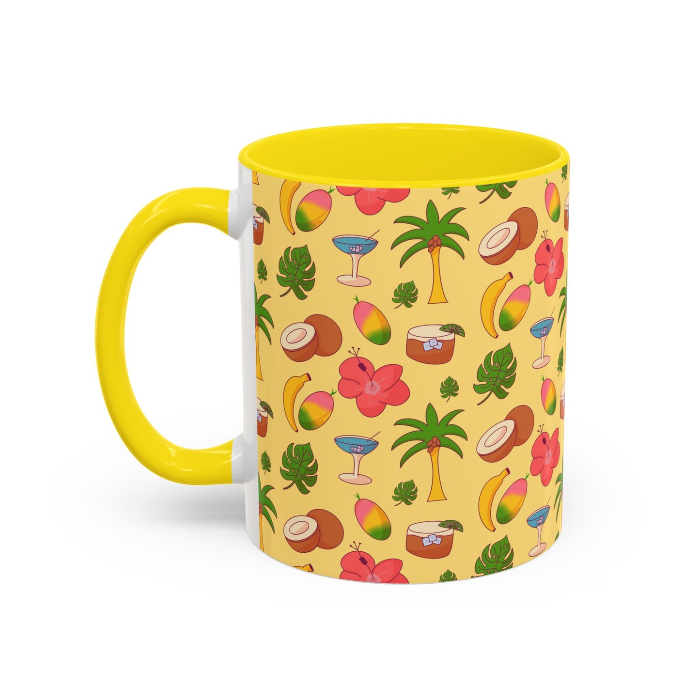 Tropical Pattern Coffee Mug — Pink Accent Beach Fruit & Palm Design (11oz)