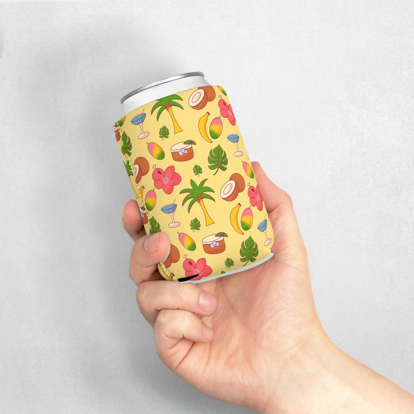Tropical Dream Pattern Can Cooler Sleeve — Palm Trees, Coconuts & Hibiscus Drink Koozie