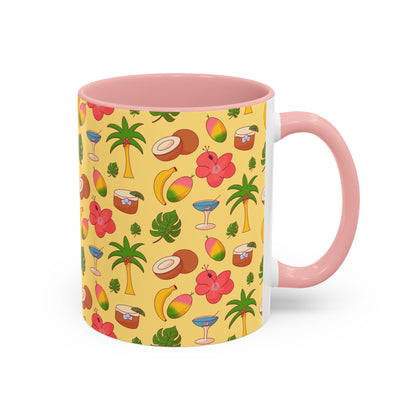 Tropical Pattern Coffee Mug — Pink Accent Beach Fruit & Palm Design (11oz)