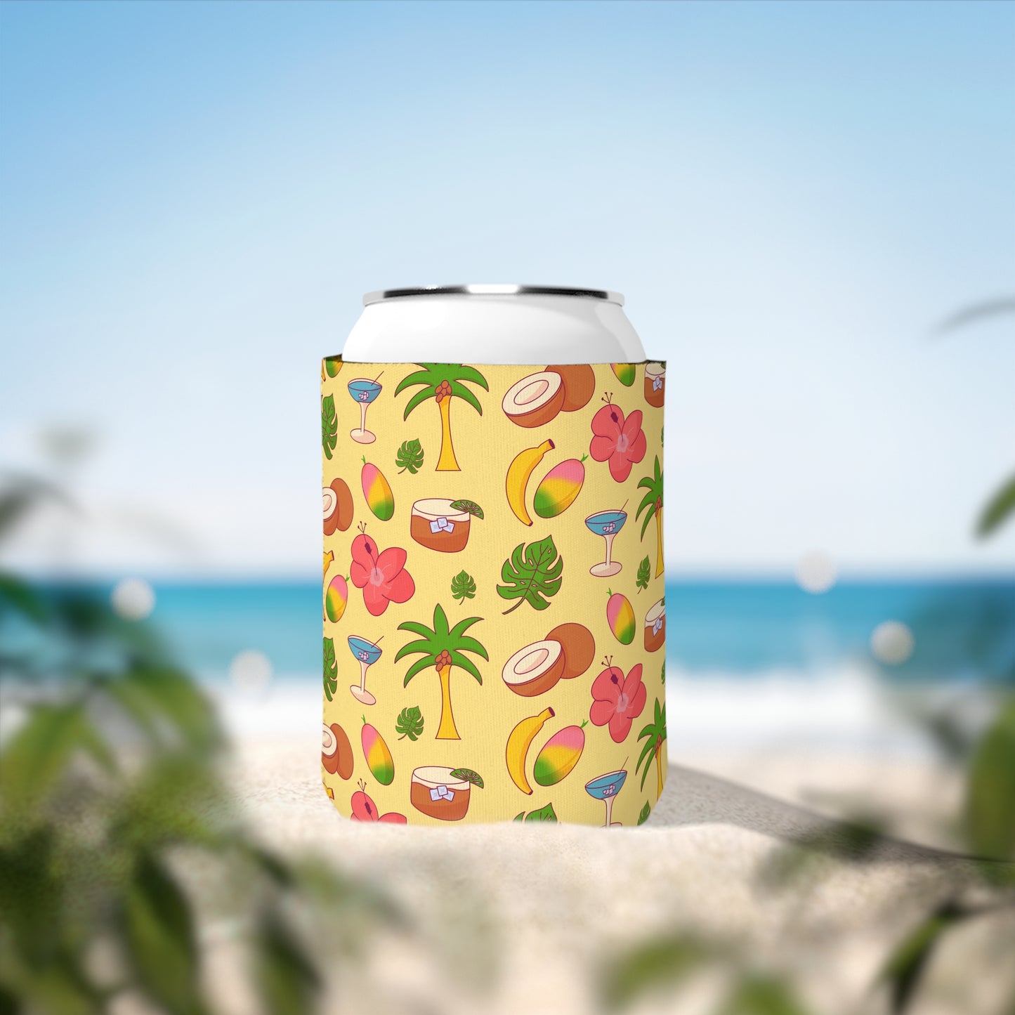 Tropical Dream Pattern Can Cooler Sleeve — Palm Trees, Coconuts & Hibiscus Drink Koozie