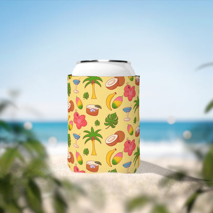 Tropical Dream Pattern Can Cooler Sleeve — Palm Trees, Coconuts & Hibiscus Drink Koozie