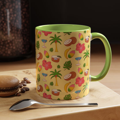Tropical Pattern Coffee Mug — Pink Accent Beach Fruit & Palm Design (11oz)