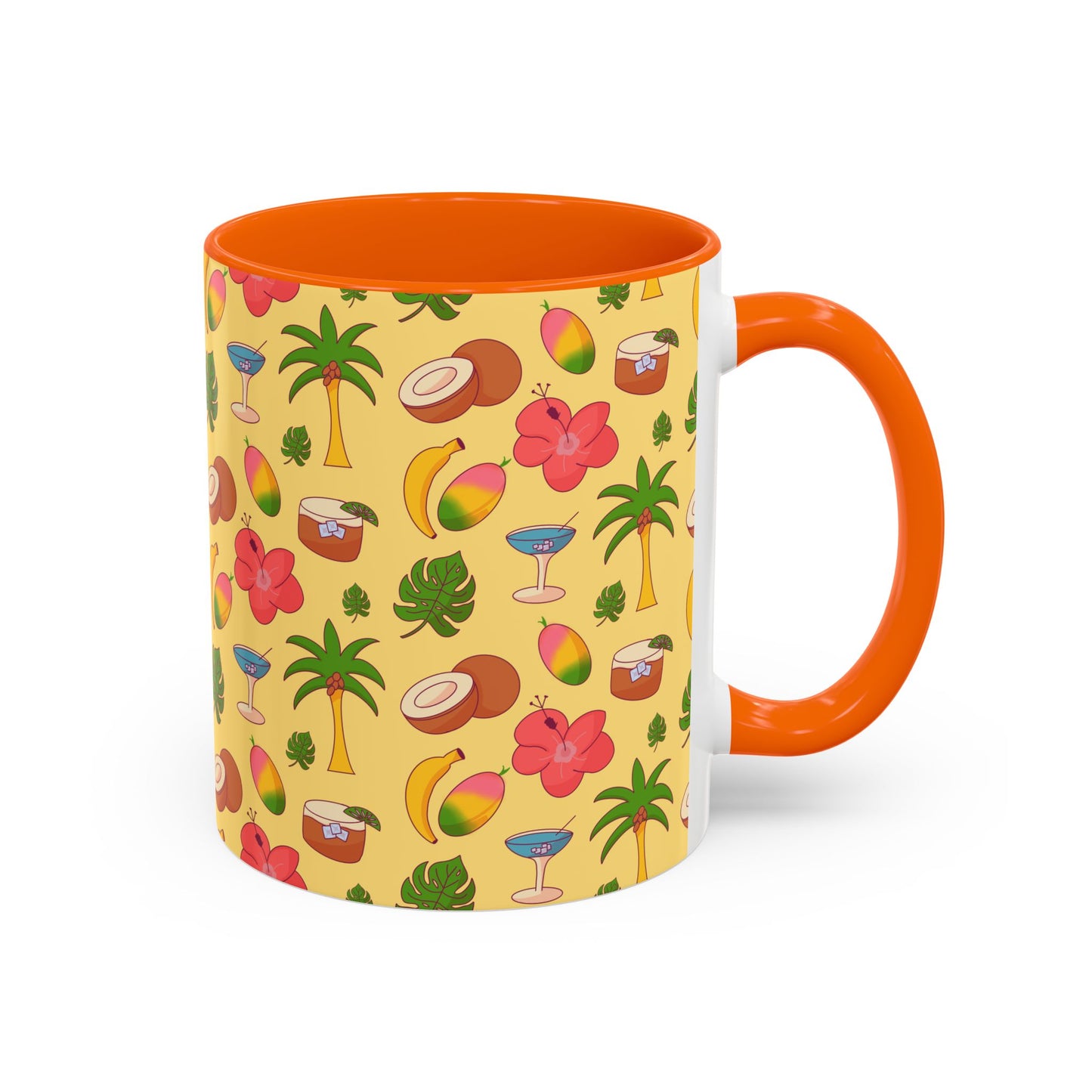Tropical Pattern Coffee Mug — Pink Accent Beach Fruit & Palm Design (11oz)