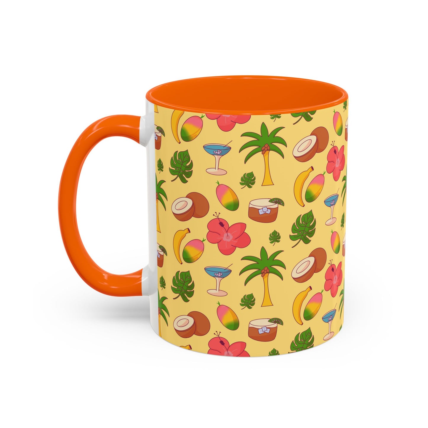 Tropical Pattern Coffee Mug — Pink Accent Beach Fruit & Palm Design (11oz)