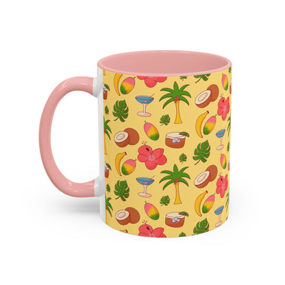 Tropical Pattern Coffee Mug — Pink Accent Beach Fruit & Palm Design (11oz)