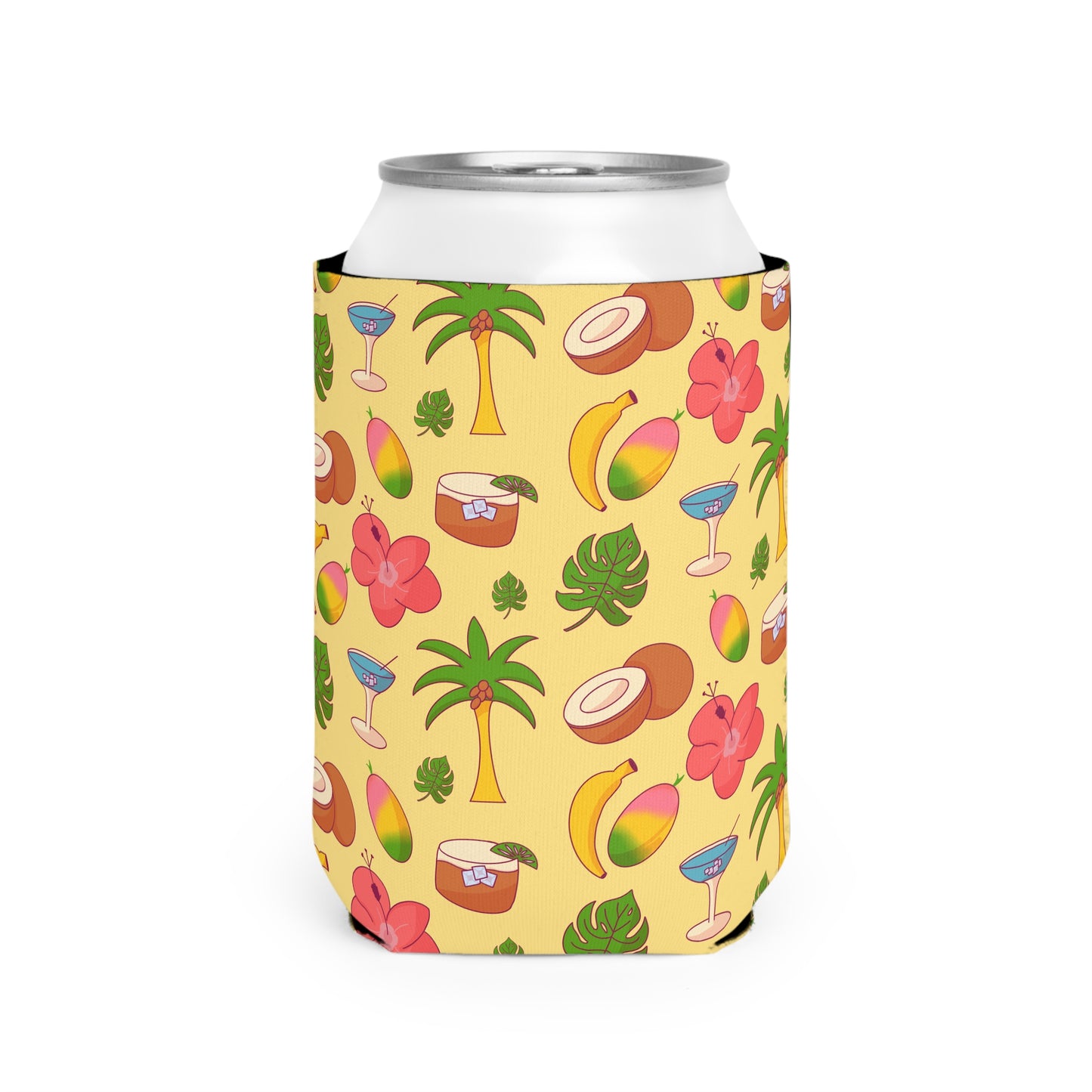 Tropical Dream Pattern Can Cooler Sleeve — Palm Trees, Coconuts & Hibiscus Drink Koozie