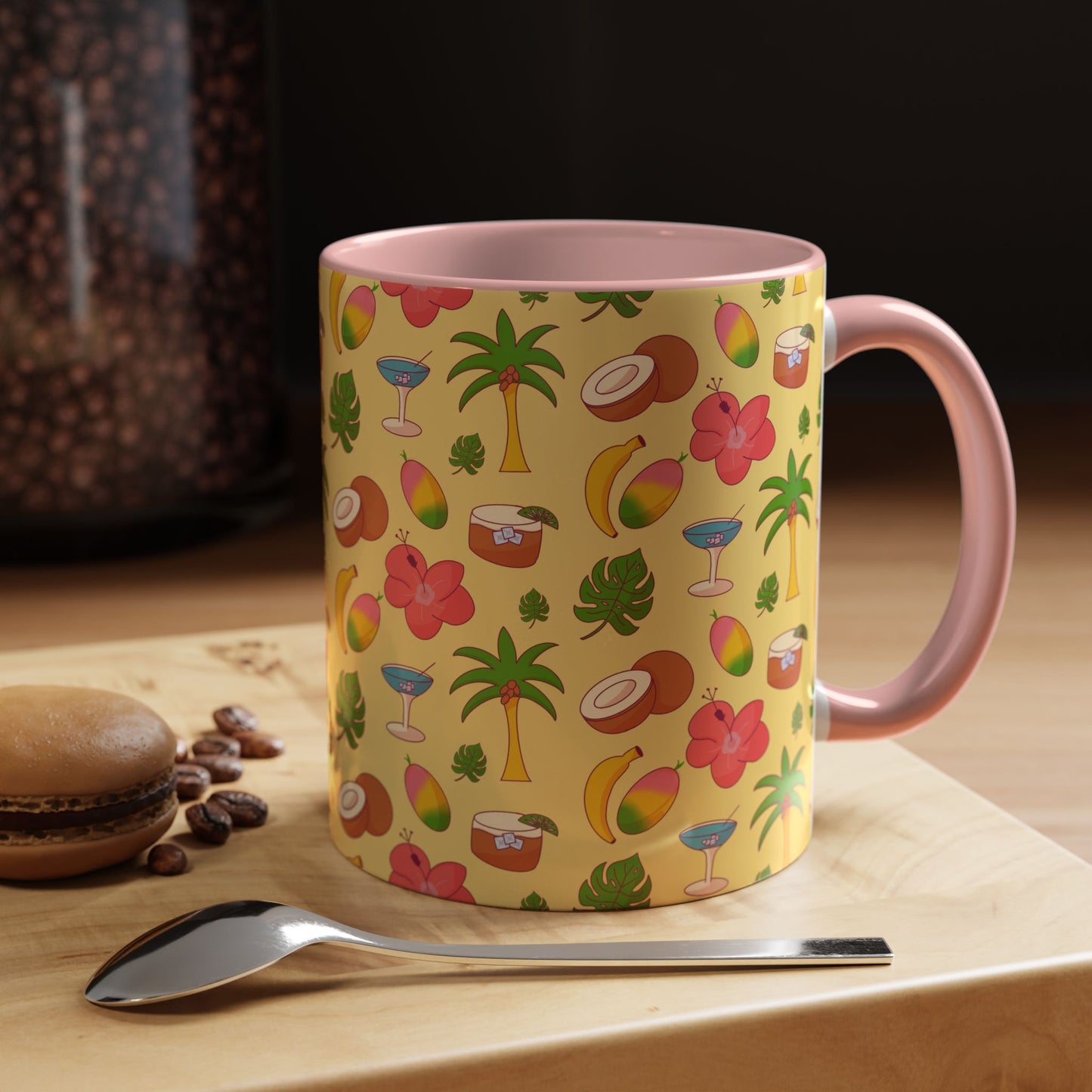 Tropical Pattern Coffee Mug — Pink Accent Beach Fruit & Palm Design (11oz)
