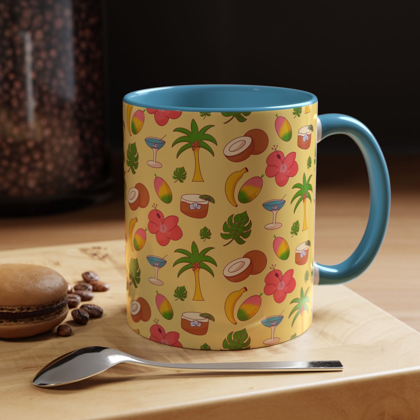 Tropical Pattern Coffee Mug — Pink Accent Beach Fruit & Palm Design (11oz)