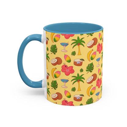 Tropical Pattern Coffee Mug — Pink Accent Beach Fruit & Palm Design (11oz)