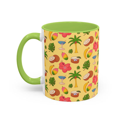 Tropical Pattern Coffee Mug — Pink Accent Beach Fruit & Palm Design (11oz)
