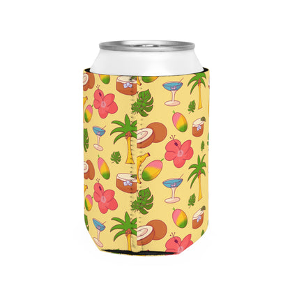 Tropical Dream Pattern Can Cooler Sleeve — Palm Trees, Coconuts & Hibiscus Drink Koozie