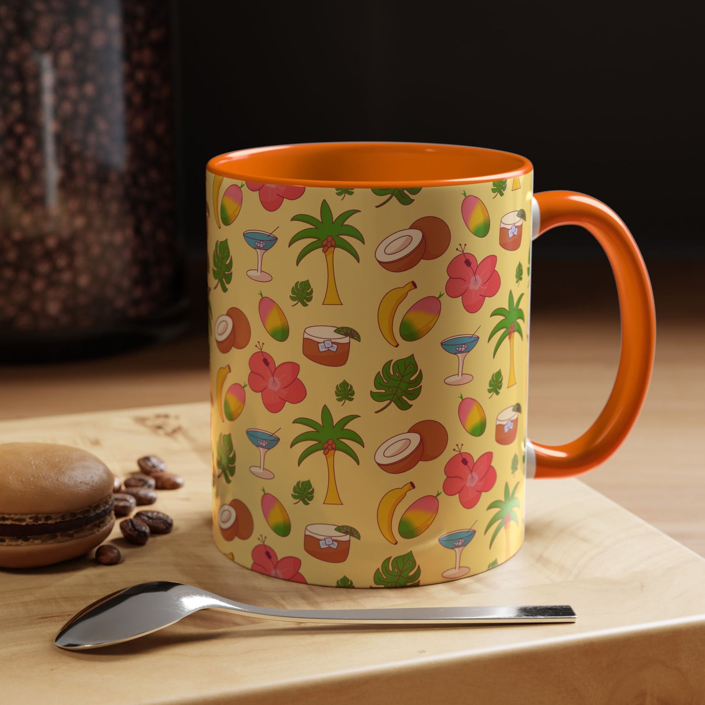 Tropical Pattern Coffee Mug — Pink Accent Beach Fruit & Palm Design (11oz)
