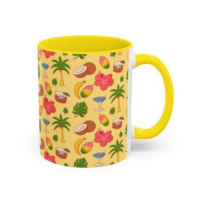 Tropical Pattern Coffee Mug — Pink Accent Beach Fruit & Palm Design (11oz)