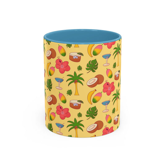 Tropical Pattern Coffee Mug — Pink Accent Beach Fruit & Palm Design (11oz)