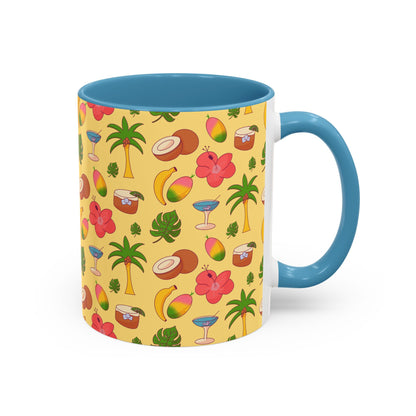Tropical Pattern Coffee Mug — Pink Accent Beach Fruit & Palm Design (11oz)