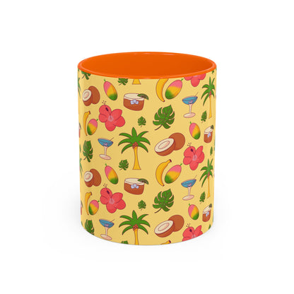 Tropical Pattern Coffee Mug — Pink Accent Beach Fruit & Palm Design (11oz)