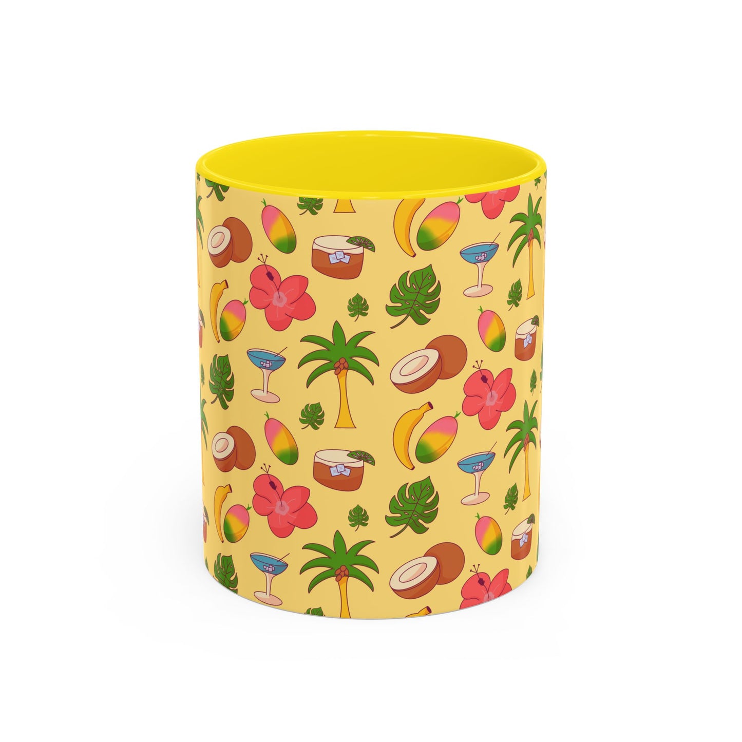 Tropical Pattern Coffee Mug — Pink Accent Beach Fruit & Palm Design (11oz)