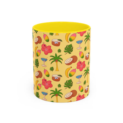 Tropical Pattern Coffee Mug — Pink Accent Beach Fruit & Palm Design (11oz)
