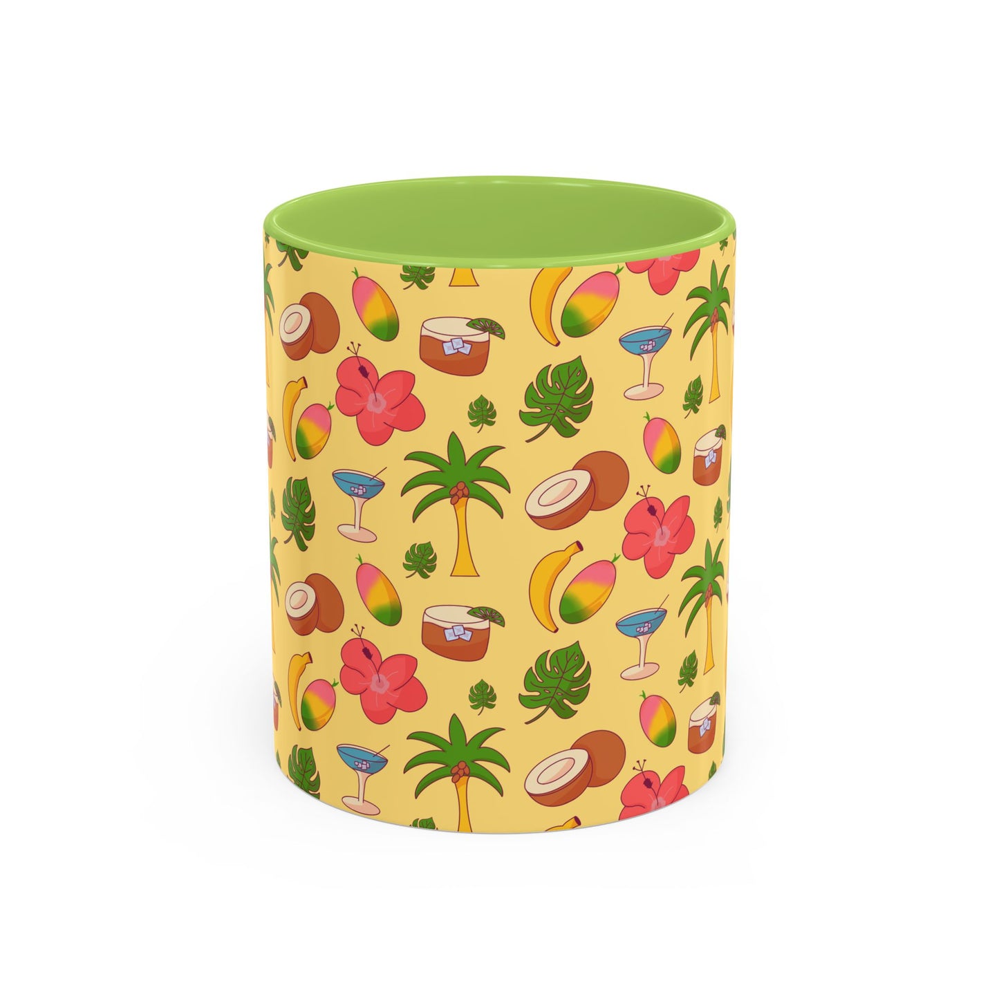 Tropical Pattern Coffee Mug — Pink Accent Beach Fruit & Palm Design (11oz)