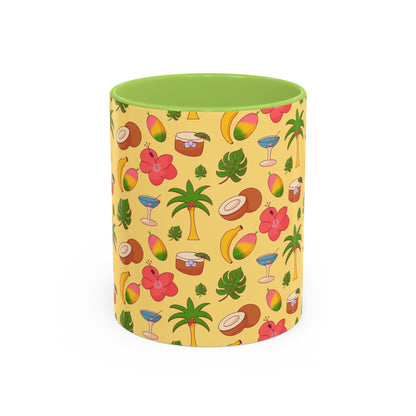 Tropical Pattern Coffee Mug — Pink Accent Beach Fruit & Palm Design (11oz)