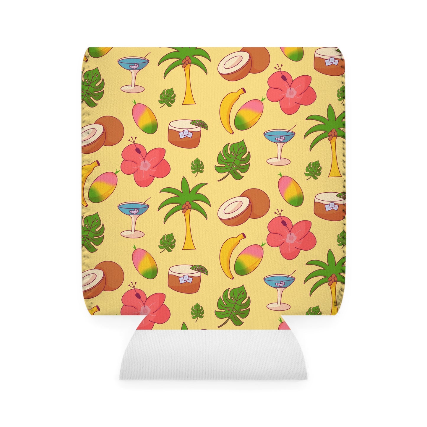 Tropical Dream Pattern Can Cooler Sleeve — Palm Trees, Coconuts & Hibiscus Drink Koozie