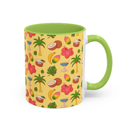 Tropical Pattern Coffee Mug — Pink Accent Beach Fruit & Palm Design (11oz)