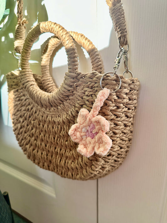 Cute Plush Pink Crochet Flower Key Ring
