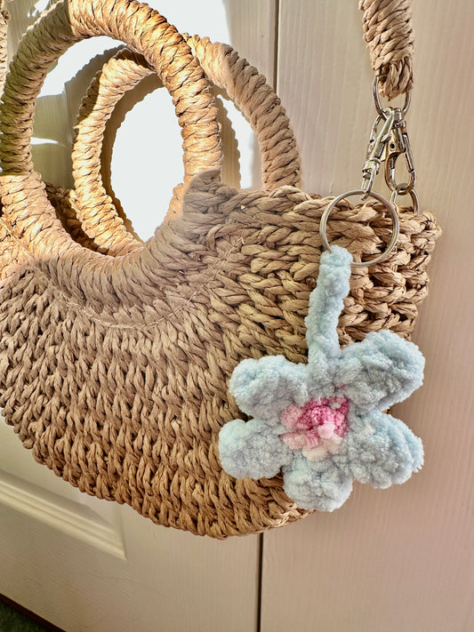 Cute Plush Blue Crochet Flower Key Ring