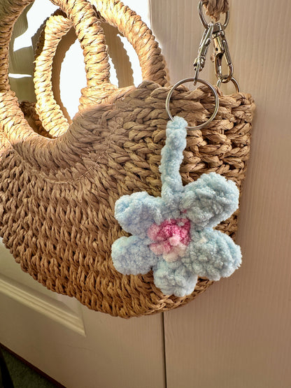 Cute Plush Blue Crochet Flower Key Ring