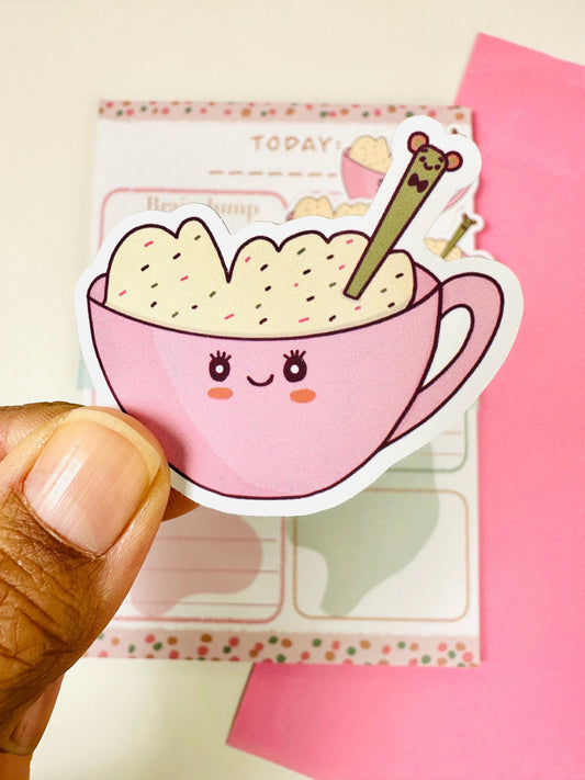 cute kawaii cappuccino coffee waterproof sticker close up